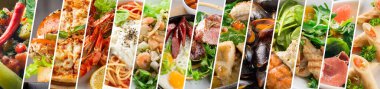 Gıda kolajı tasarım şablonu. Çeşitli lezzetli yemekler. Restoran menüsü kapağı ya da market broşürü. Pankart