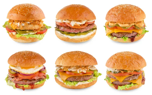 Sammlung von verschiedenen leckeren Burgern isoliert auf weiß. Set mit verschiedenen Hamburgern, Cheeseburgern und Chickenburgern — Stockfoto