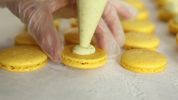 Processo de fazer macarrão macaroon, sobremesa francesa, espremendo a massa forma saco de cozinha. Mãos nas luvas — Vídeo de Stock