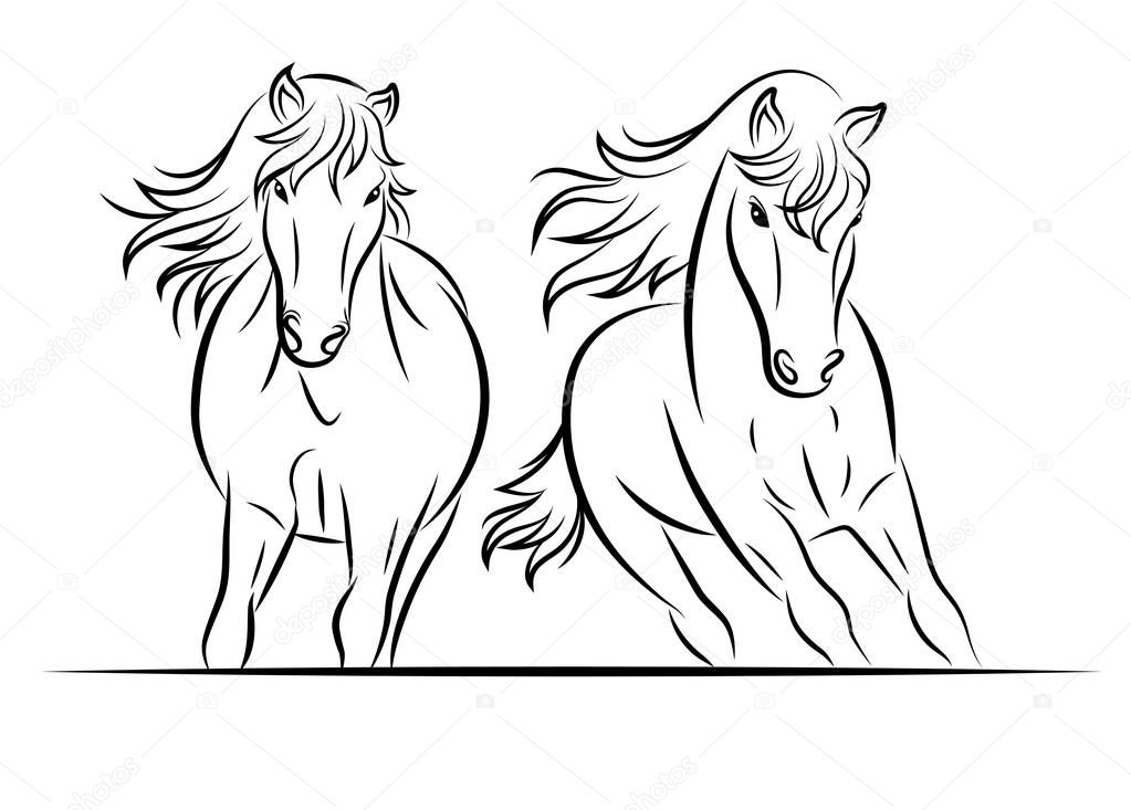 Silhouette of horse. Vector linear drawing.