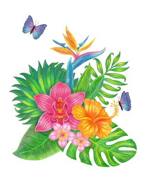 tropik çiçekler ve yapraklar.