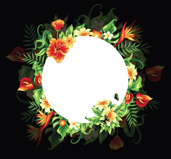 Sommer Tropischen Dunklen Hintergrund Banner Mit Palmblättern Und Hibiskusblüten Vektor — Stockvektor