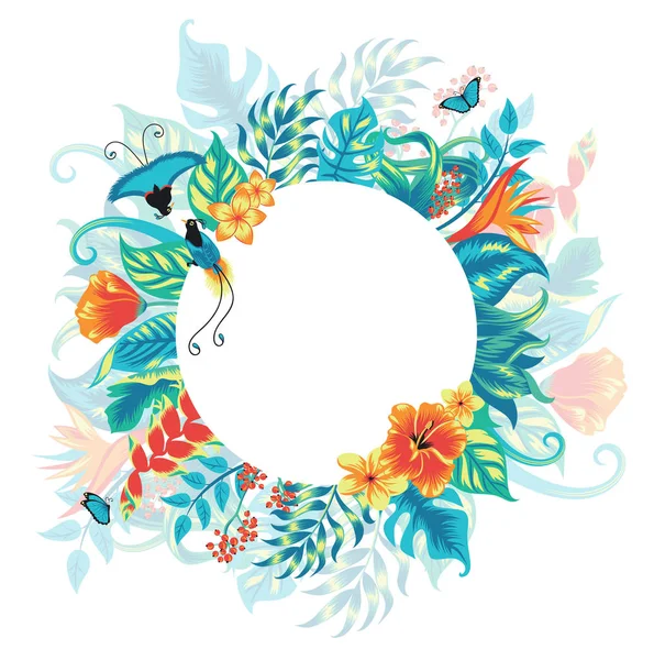 Літній Тропічний Фон Екзотичними Райськими Птахами Пальмовим Листям Квітами Гібіскусів — стоковий вектор