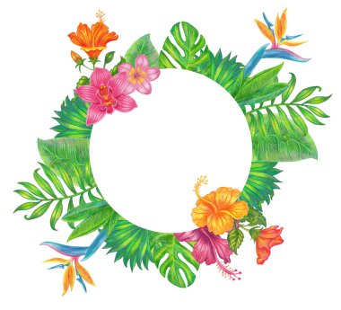 Palmiye yaprakları ve çiçek desenli tropikal arka plan afişi. 