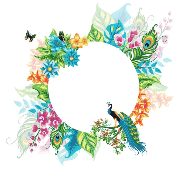 Banner de fondo tropical de verano con flores y pavo real . — Archivo Imágenes Vectoriales