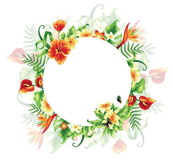 Sommer Tropischen Hintergrund Banner Mit Palmblättern Und Hibiskusblüten Vektor Floraler — Stockvektor
