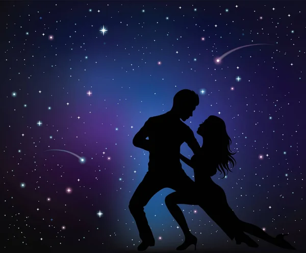 Silhouettes Couple Dancing Night Sky Stars Background — Stock Vector
