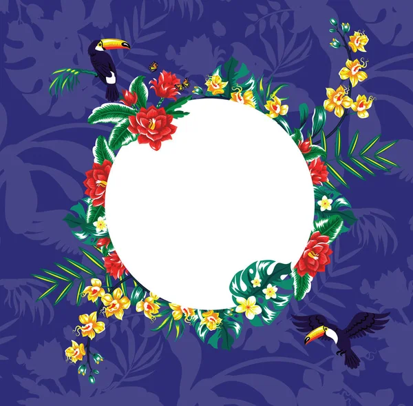 Καλοκαίρι τροπικό φόντο πανό με φύλλα φοίνικα και toucan. — Διανυσματικό Αρχείο