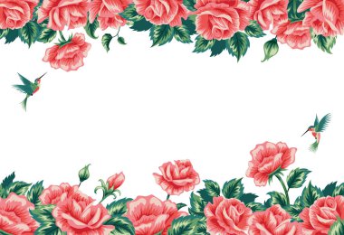 Kırmızı güller ve sinekkuşlarıyla arka plan çerçevesi. Beyazda izole edilmiş.