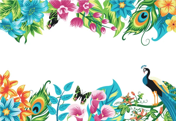 Banner Quadro Fundo Tropical Verão Com Pavão Folhas Palmeira Flores — Vetor de Stock