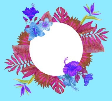 Tropikal yapraklar ve çiçeklerle daire şeklinde pankart.