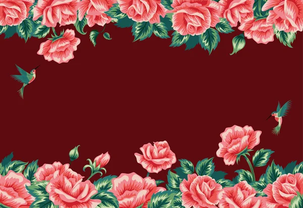 背景框架与红玫瑰和蜂鸟 深红色背景 — 图库矢量图片