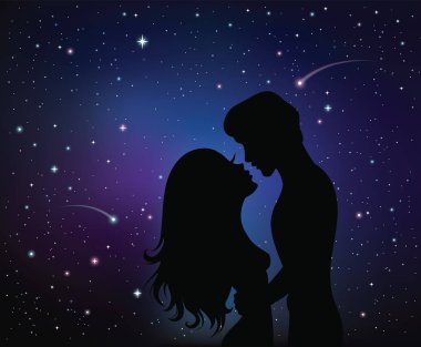 Romantik çiftin siluetleri. Arkaplanda yıldızlar.