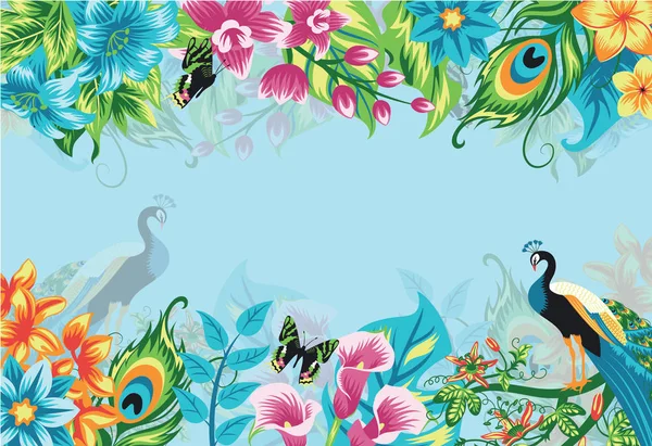 Sommar Tropisk Bakgrund Ram Banner Med Påfågel Palmblad Och Hibiskus — Stock vektor