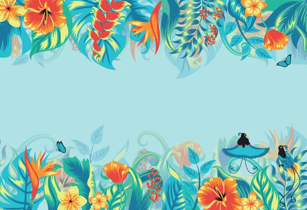 Marco Fondo Tropical Verano Con Exóticas Aves Paradisíacas Hojas Palma — Vector de stock