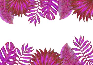 Palmiye yaprakları ve çiçek desenli tropikal arka plan afişi.