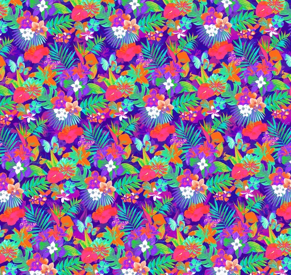 Bezszwowy Wzór Kwiatowy Bardzo Kolorowe Liście Kwiaty Tropikalne — Zdjęcie stockowe