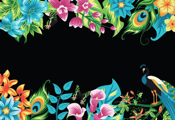 Sommer Tropischen Hintergrund Rahmen Banner Mit Pfau Palmblättern Und Hibiskusblüten — Stockvektor