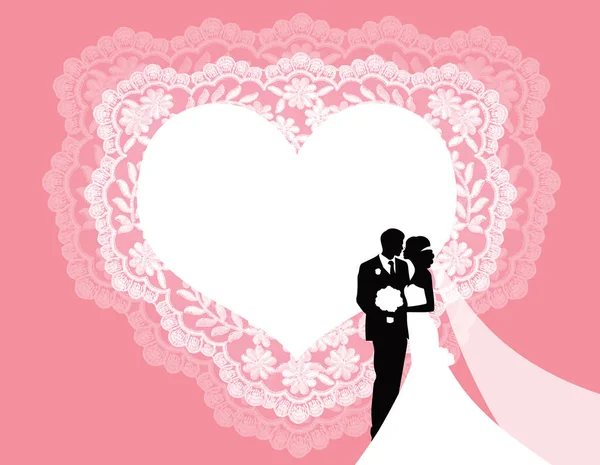 Inbjudan Hälsning Eller Bröllopskort Med Vit Spets Och Bröllopsiluetter — Stockfoto