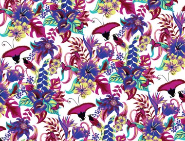 Egzotik cennet kuşları, palmiye yaprakları ve çiçek desenli yaz tropik arka plan çerçevesi. Vektör çiçek arkaplanı.