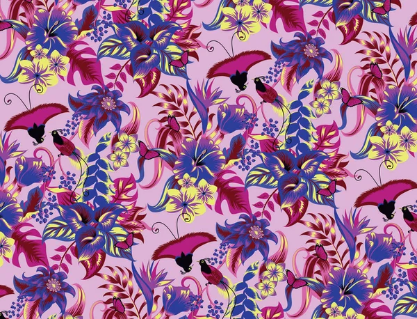 Zomer Tropische Achtergrond Frame Met Exotische Paradijsvogels Palmbladeren Hibiscus Bloemen — Stockvector