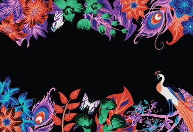 Tavus kuşu, palmiye yaprakları ve çiçek desenli tropikal çerçeve afişi. Vektör çiçek arkaplanı. 