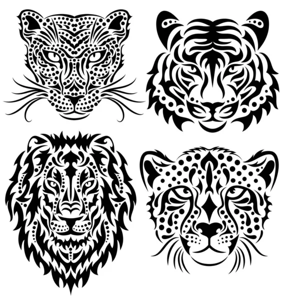 Conjunto Grandes Gatos Selvagens Isolados Branco Padrão Leão Tigre Leopardo —  Vetores de Stock