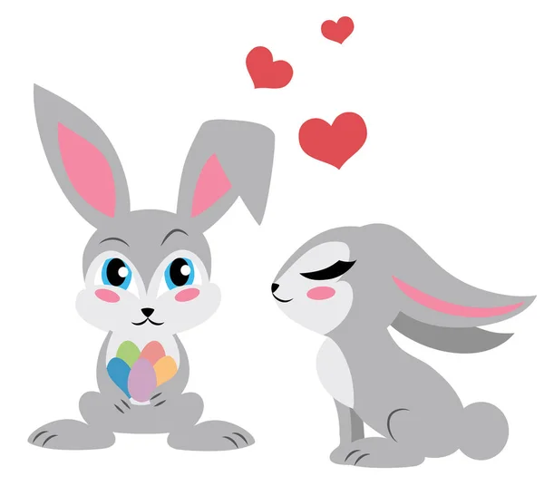 可愛いウサギが２匹 卵を持ってる 隔離されたオボンホワイト イースターバニー — ストックベクタ