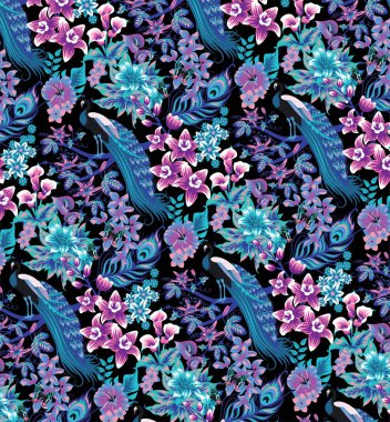 Tavus kuşu, palmiye yaprakları ve çiçek desenli tropikal çerçeve afişi. Vektör çiçek arkaplanı.