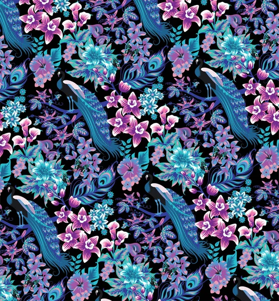 Été Cadre Tropical Bannière Avec Paon Feuilles Palmier Fleurs Hibiscus — Image vectorielle