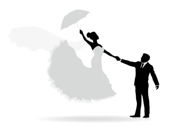 新郎牵着新娘的轮廓 她带着雨伞飞行 与白种人隔离 — 图库矢量图片