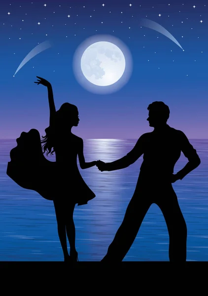Silhouettes Couple Dancing Sea Moon Background — Stock Vector