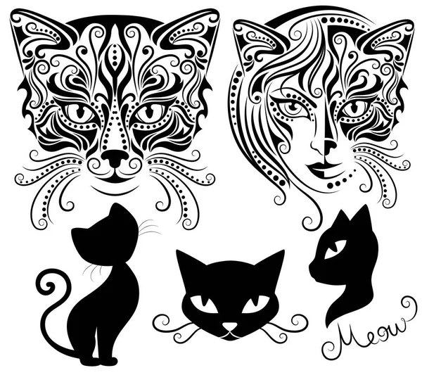 半分の女性と半分の猫の頭 白地に猫の頭のシルエットのベクトルイラスト 猫のシルエットのセット — ストックベクタ