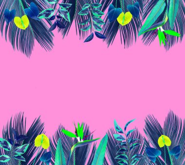 Renkli tropikal yapraklar ve çiçeklerle çerçevelenmiş. Pembe arkaplan.