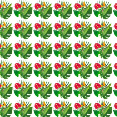 Tropikal yaprak ve çiçek seamless modeli. 