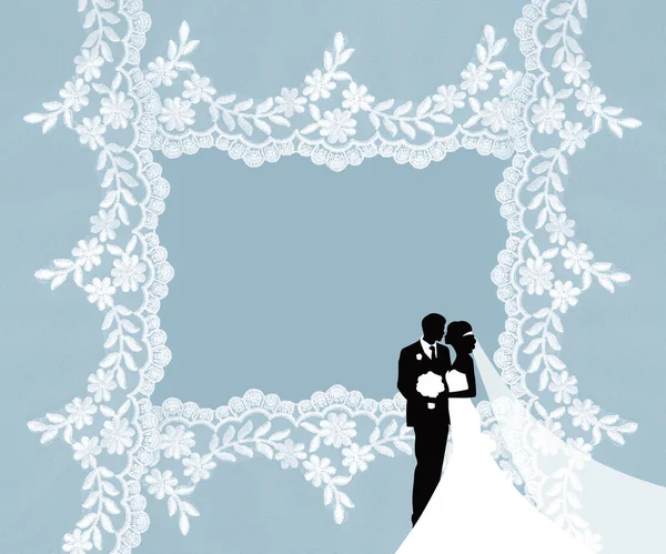 Запрошення Привітання Або Весільна Листівка Білим Мереживом Весільними Силуетами — стокове фото