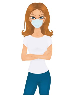 Maskeli Avrupalı bir kadın. Kot pantolon ve tişört giyiyor. Beyazda izole edilmiş. 