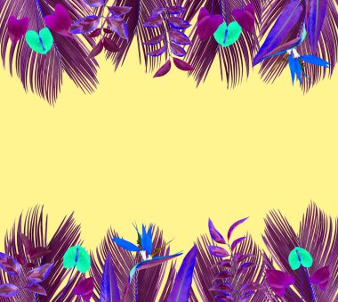 Renkli tropikal yapraklar ve çiçeklerle çerçevelenmiş. Sarı arkaplan.