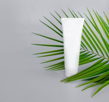 Palmiye yapraklı bir krema şişesinin maketi. Gri arkaplan. 