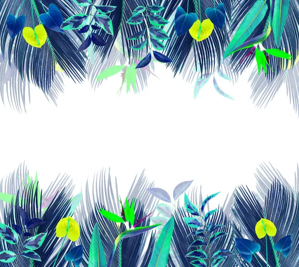 Rahmen Mit Bunten Tropischen Blättern Und Blüten Isoliert Auf Weiß — Stockfoto