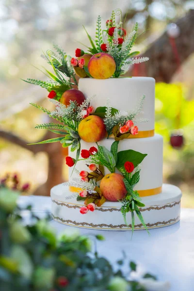 Wedding Cake Applaes Green Leaves Red Roses — Stock Photo, Image