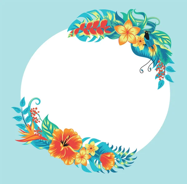 Літній Тропічний Банер Екзотичними Райськими Птахами Пальмовим Листям Квітами Гібіскусів — стоковий вектор