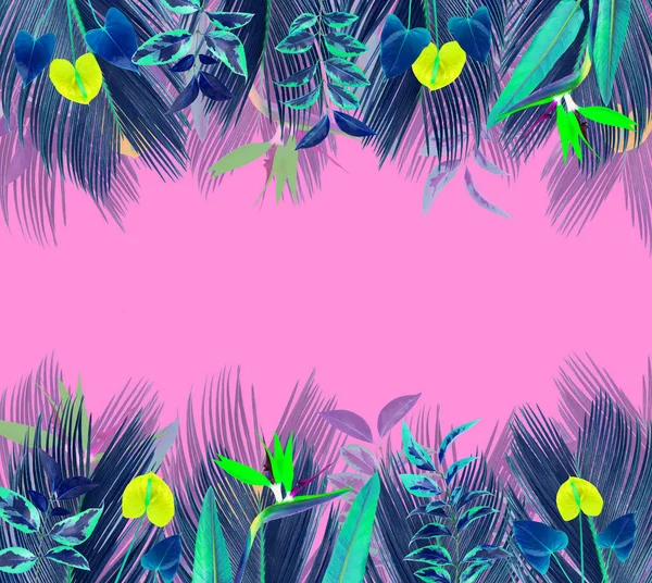 Rahmen Mit Bunten Tropischen Blättern Und Blüten Rosa Hintergrund — Stockfoto