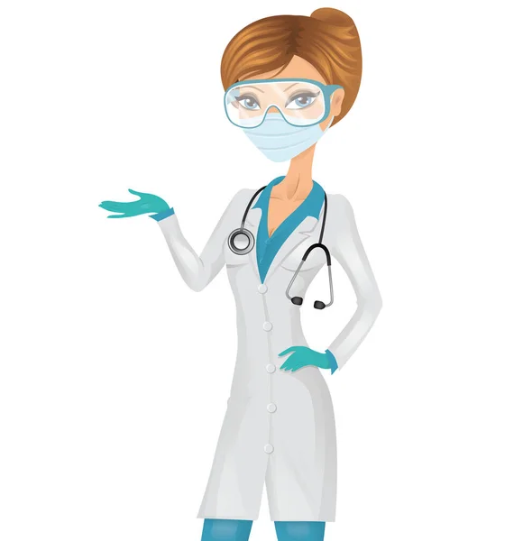 Nurse Wearing Mask Protection Glasses Isolated White — Stock Vector