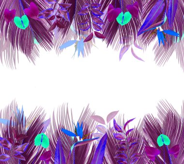 Renkli tropikal yapraklar ve çiçeklerle çerçevelenmiş. Beyazda izole edilmiş.