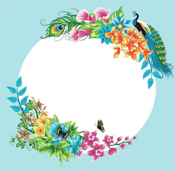 夏天热带孤立的框架装饰孔雀 棕榈叶和花朵 病媒植物背景 — 图库矢量图片