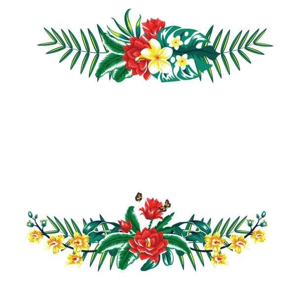 Sommer Tropischen Rahmen Mit Palmblättern Und Blumen Isoliert Auf Weiß — Stockvektor