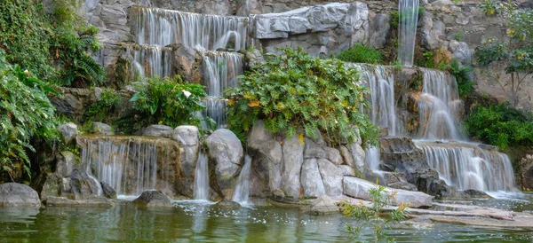 Tropické Pozadí Vodopádem Zelenými Listy — Stock fotografie