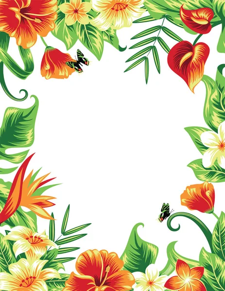 Quadro Fundo Tropical Verão Com Folhas Palmeira Flores Hibisco Isolado — Vetor de Stock