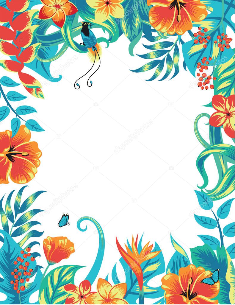 Summer tropical background banner with exotic paradise birds, palm leaves and hibiscus flowers. Vector floral background.